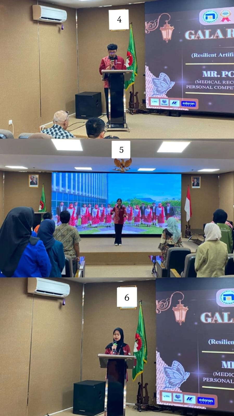 Keterangan : Gambar 4 Pembacaan Do'a, Gambar 5 Menyanyikan Lagu Indonesia Raya, Gambar 6 Laporan Ketua Pelaksana
